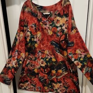 Soft Surroundings Orange Floral V Neck Knit Tunic 2x